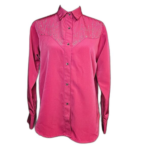 Daniali USA Deep Pink Rhinestone Bling Snap Front Western Cowgirl Shirt Blouse - Picture 2 of 11